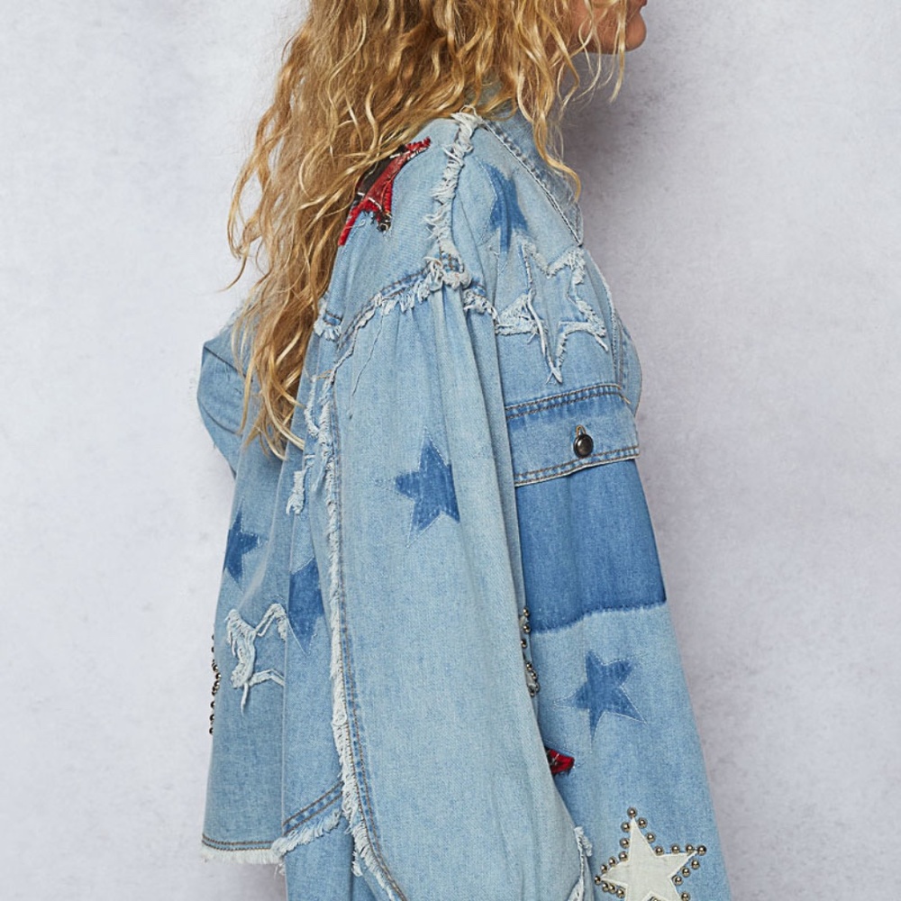 New Pol Denim Shacket Top Button Shirt Women Stars Boho Anthropologie Blue - Picture 3 of 11